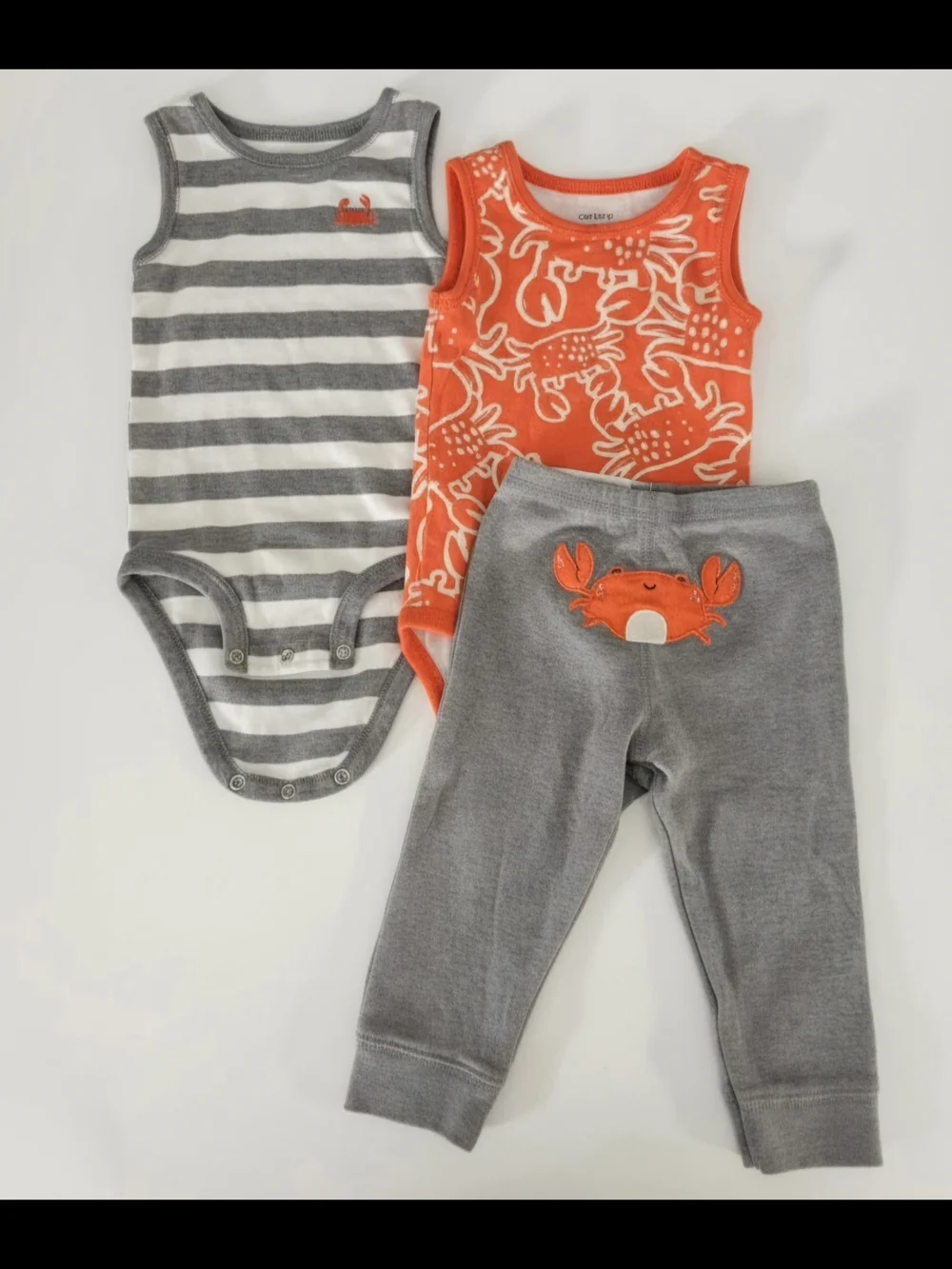Carter's Red Orange Crab & Gray Striped Baby Bodysuit Set 12 Months